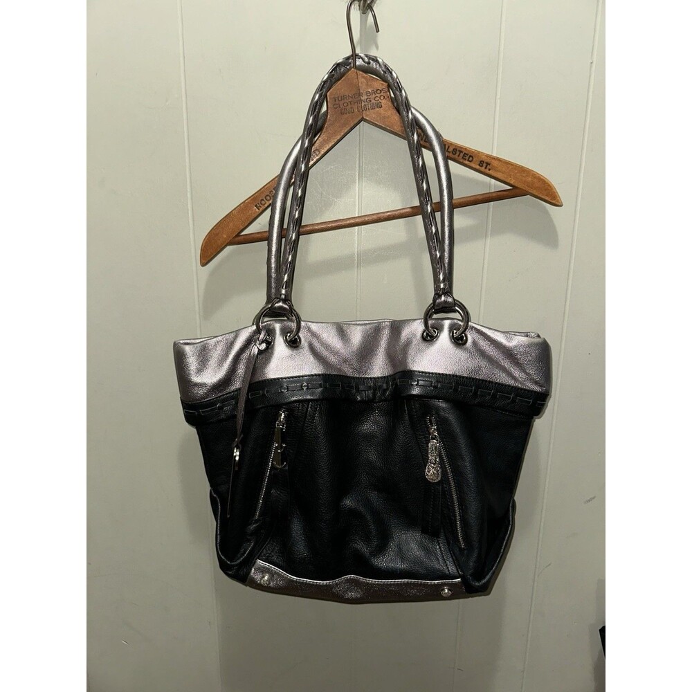 B. Makowsky Shoulder Bag Leather Black Silver Braided Slouchy Large Zippers EUC